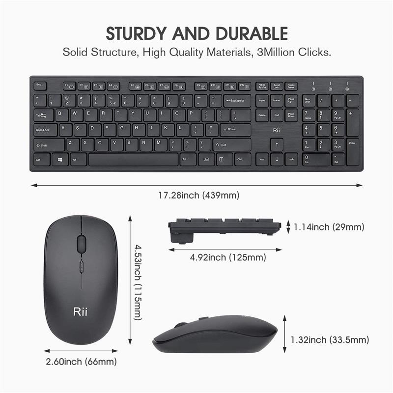 Rii Wireless Keyboard and Mouse Combo 2 4GHz Full Size Compact Keyboard Mouse