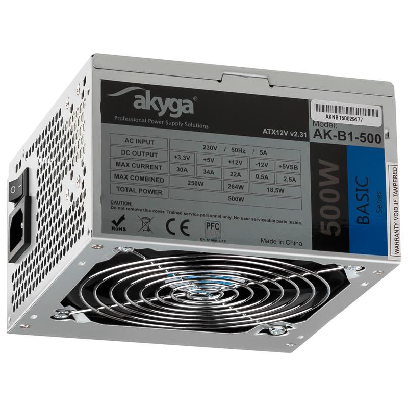Akyga 500W ATX Power supply P4 PCI-E 6 2 pin 3x SATA 2x Molex PPFC FAN 12cm