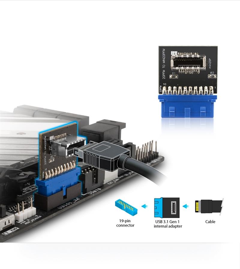 Akasa Convert a USB 3 0 19-pin motherboard header into a USB 3 1 20-pin Key A connector *MBM *USBAF