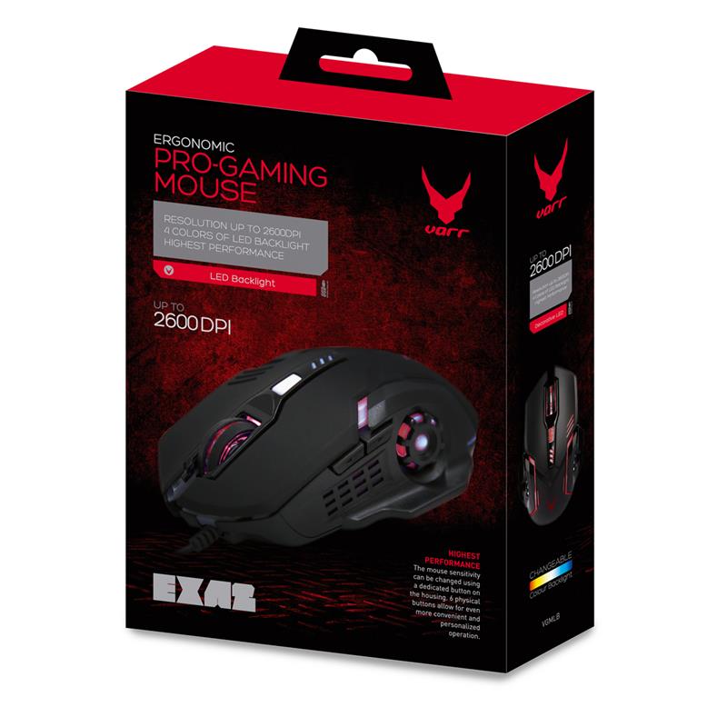 Varr Gaming Mouse LED - 800-1200-1600-2600 DPI zwart