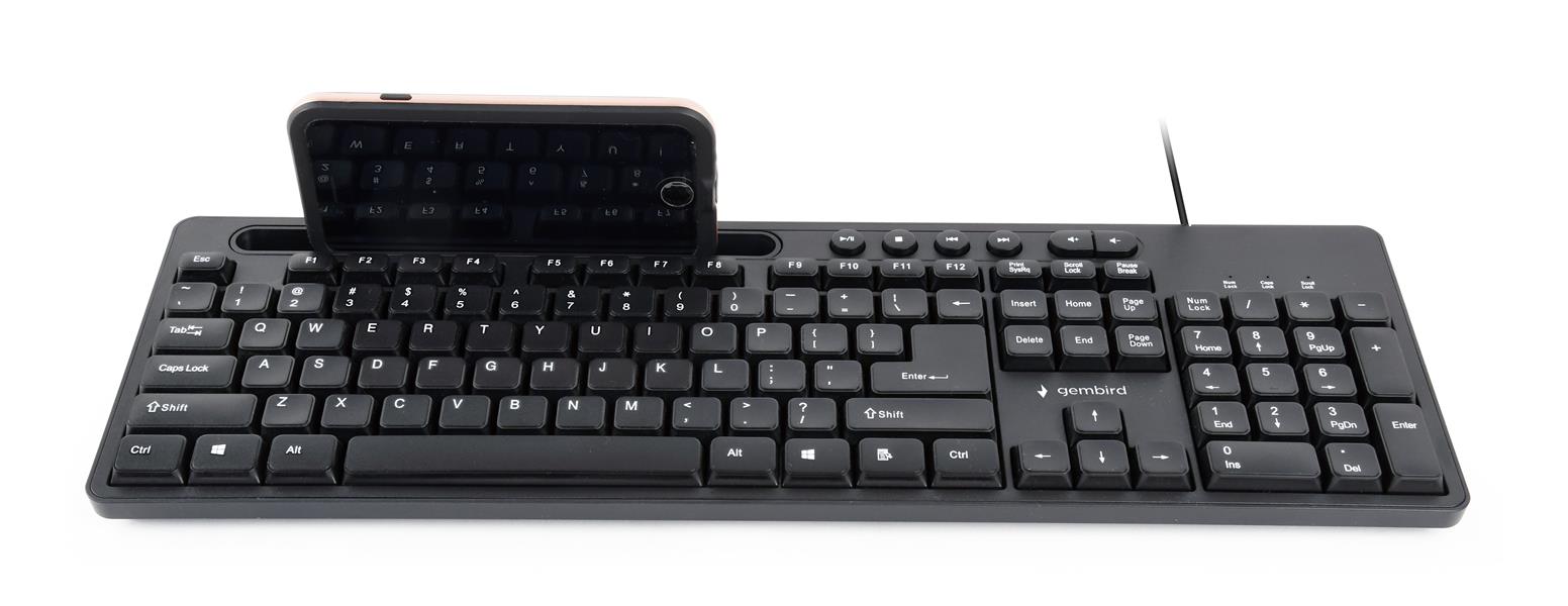 Multimedia toetsenbord met telefoonhouder zwart