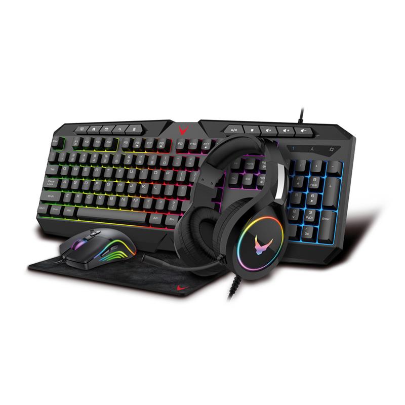 VARR 4-in-1 RGB Gaming Set USB keyboard met 19 anti-ghosting keys USB 1000-6400 dpi mouse 25 x 21 cm mousepad en 3 5 mm USB headset - RGB RAINBOW