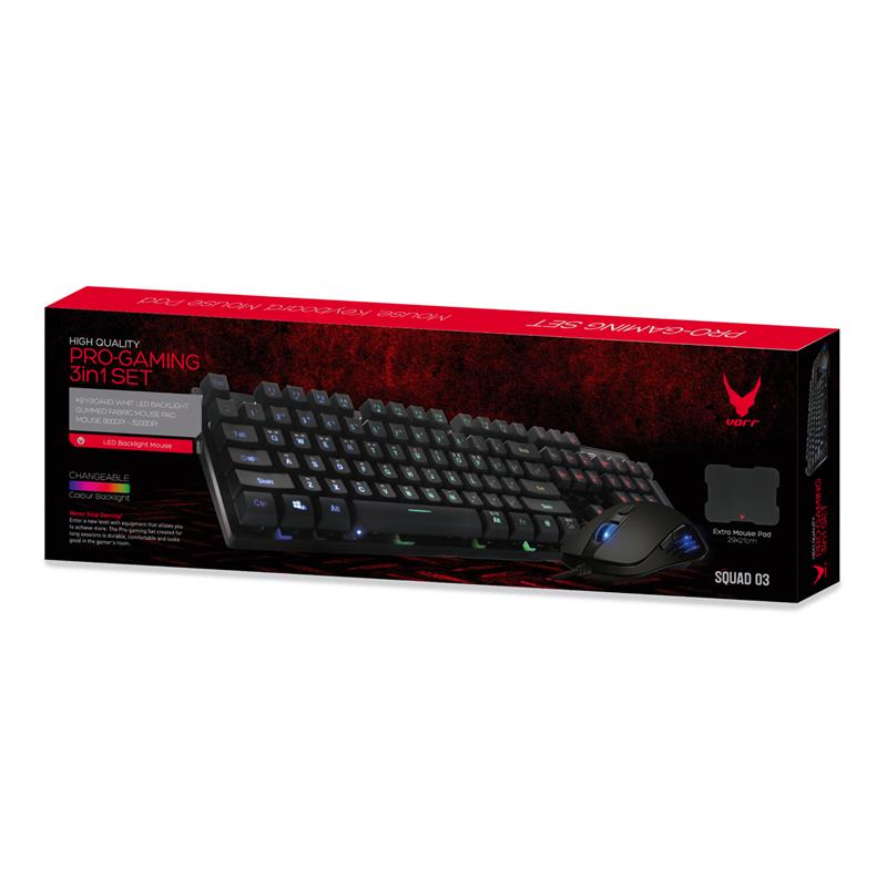 VARR Gaming set keyboard: cherry R1-R4 mouse 3200dpi PIXART muismat zwart met VARR logo