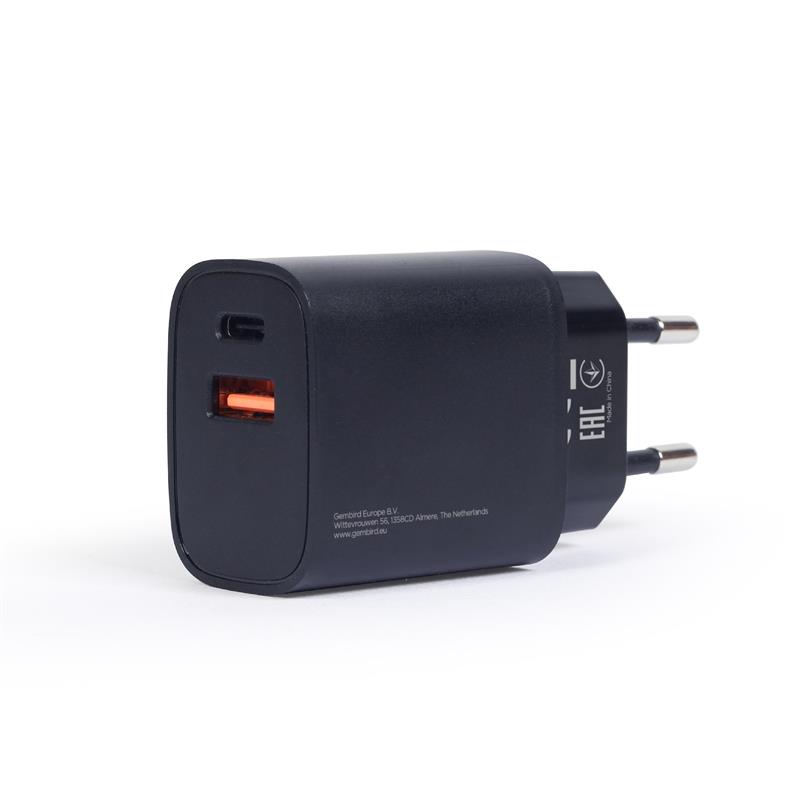 Gembird USB Type-C snellader 18 W zwart 2 port: Type-C port supports 18 W PD Type-A port supports 18 W QC 3 0