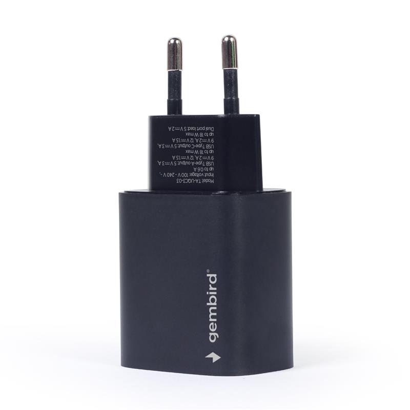 Gembird USB Type-C snellader 18 W zwart 2 port: Type-C port supports 18 W PD Type-A port supports 18 W QC 3 0