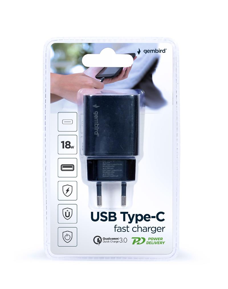 Gembird USB Type-C snellader 18 W zwart 2 port: Type-C port supports 18 W PD Type-A port supports 18 W QC 3 0
