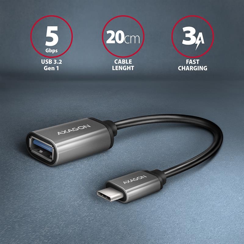 AXAGON USB 3 2 Gen 1 Type-C Male > Type-A Female cable adapter 0 2m 3A ALU