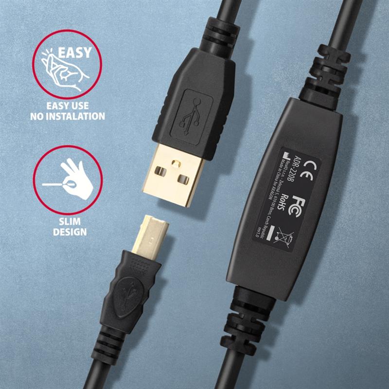 AXAGON USB 2 0 A-M -> B-M active connecting repeater cable 20m