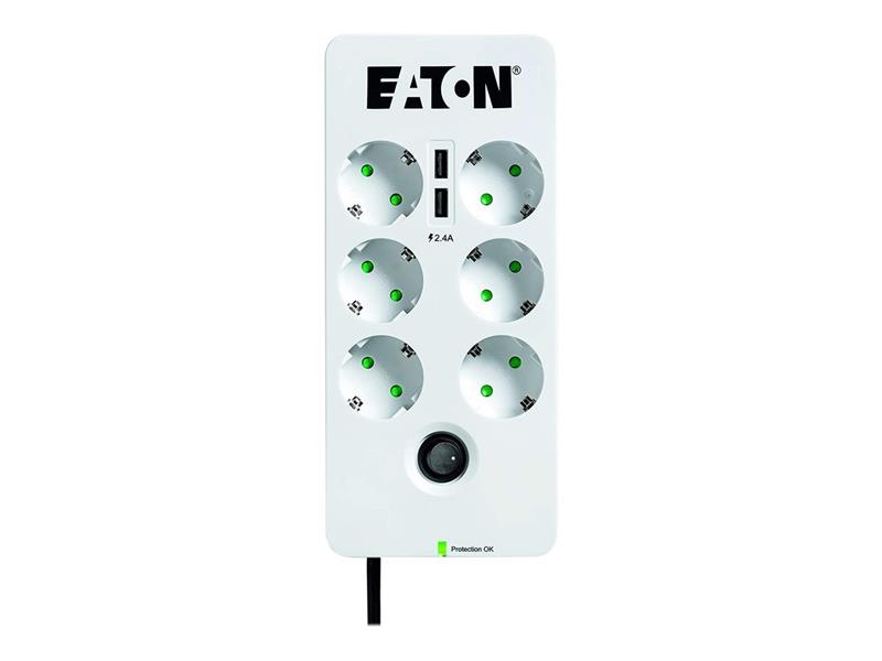 Eaton PB6TUD Overspanningsbeveiliging 6 AC-uitgang(en) 220 - 250 V Zwart, Wit 1,5 m