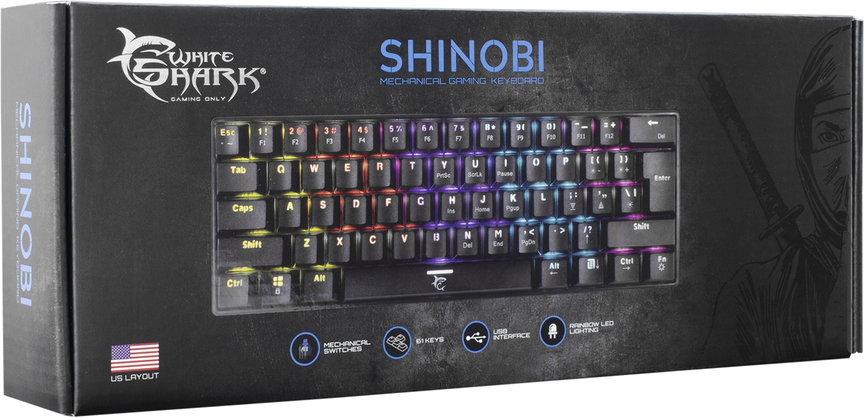 White Shark SHINOBI GK-2022 TKL Gaming toetsenbord met LED verlichting en Outemu blauwe mechanische switches US Layout - Zwart