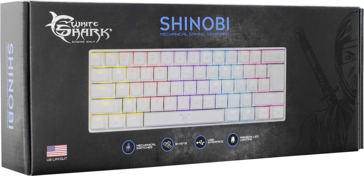 White Shark SHINOBI GK-2022 TKL Gaming toetsenbord met LED verlichting en Outemu blauwe mechanische switches US Layout - Wit