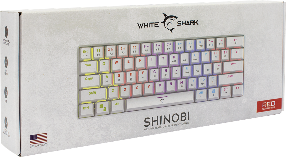 White Shark SHINOBI GK-2022 TKL Gaming toetsenbord met LED verlichting en Outemu Rode mechanische switches US Layout Wit