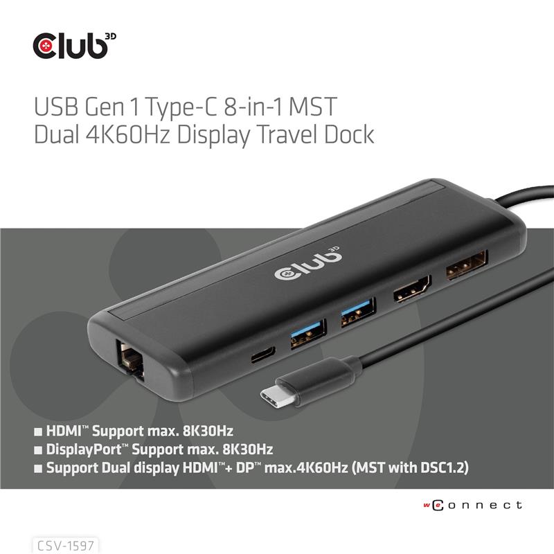 CLUB3D USB Gen 1 Type-C 8-in-1 MST Dual 4K60Hz Display Travel Dock