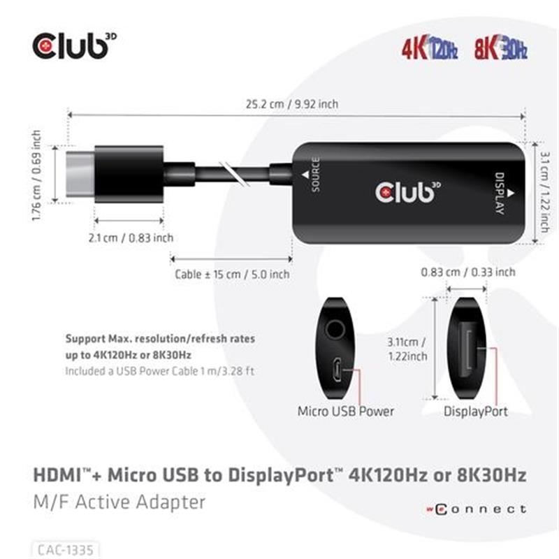 CLUB3D HDMI + Micro USB to DisplayPort™ 4K120Hz or 8K30Hz M/F Active Adapter