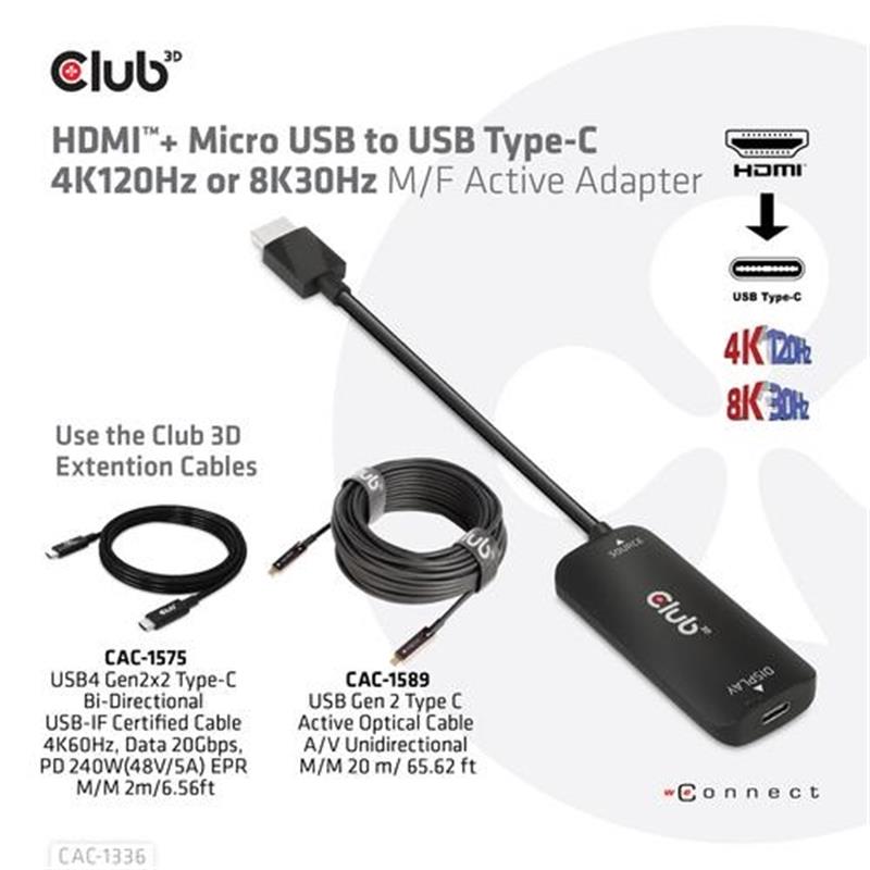 CLUB3D HDMI + Micro USB to USB Type-C 4K120Hz or 8K30Hz M/F Active Adapter