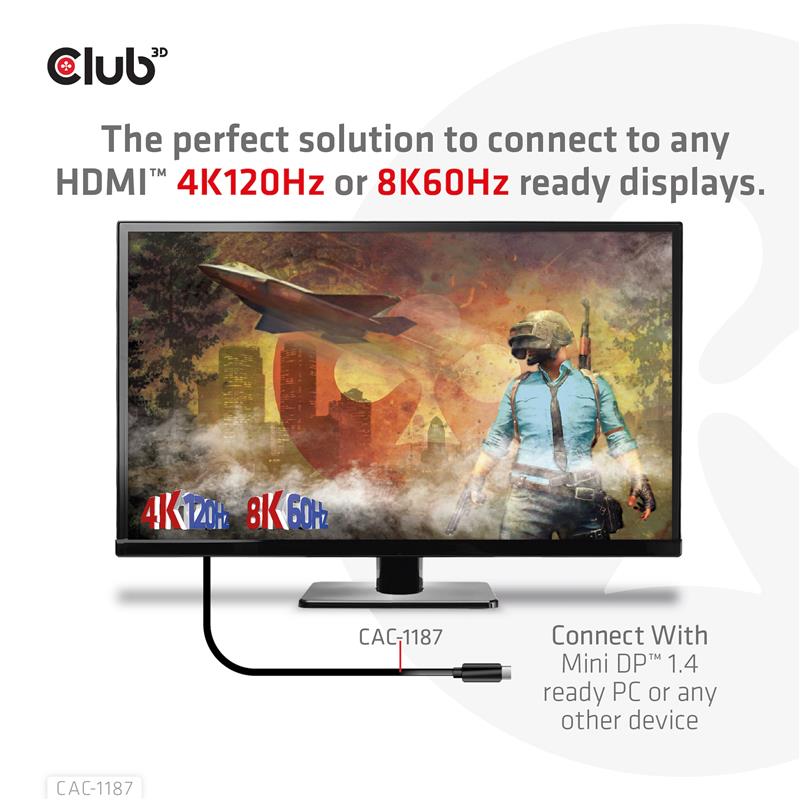CLUB3D MiniDisplayPort kabel 1.4 naar HDMI met 4K120Hz/8K60Hz HDR10+ M/M 1.8m