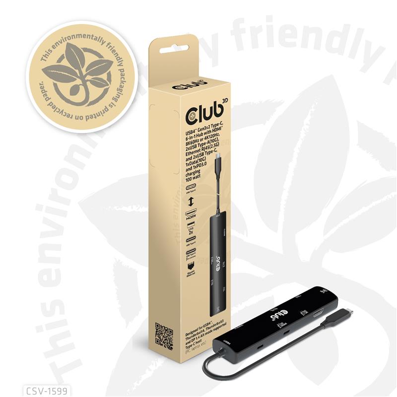 CLUB3D USB4™ Gen3x2 Type-C, 6-in-1 Hub with HDMI™ 8K60Hz or 4K120Hz, 2xUSB Type-A(10G), Ethernet RJ45(2.5G) and 2xUSB Type-C, 1x Data(10G) and 1xPD3.0