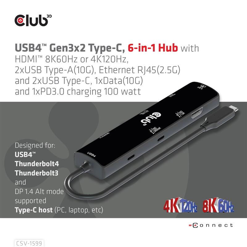 CLUB3D USB4™ Gen3x2 Type-C, 6-in-1 Hub with HDMI™ 8K60Hz or 4K120Hz, 2xUSB Type-A(10G), Ethernet RJ45(2.5G) and 2xUSB Type-C, 1x Data(10G) and 1xPD3.0