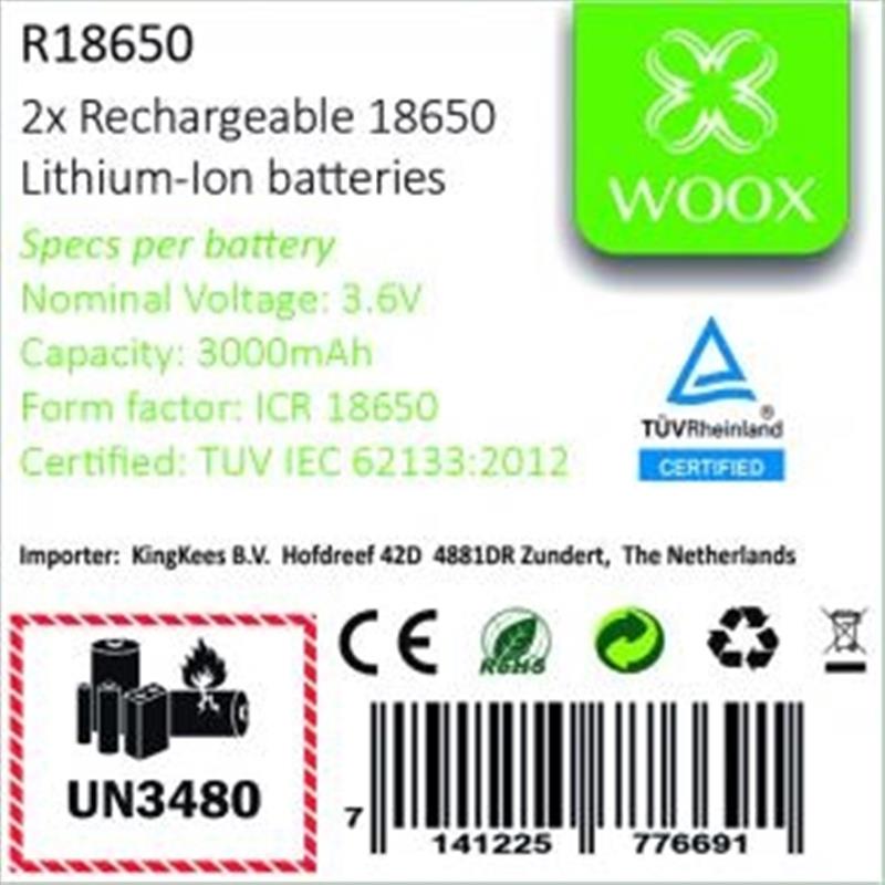WOOX is een set van 2 stuks oplaadbare lithium-ion batterijen type 18650