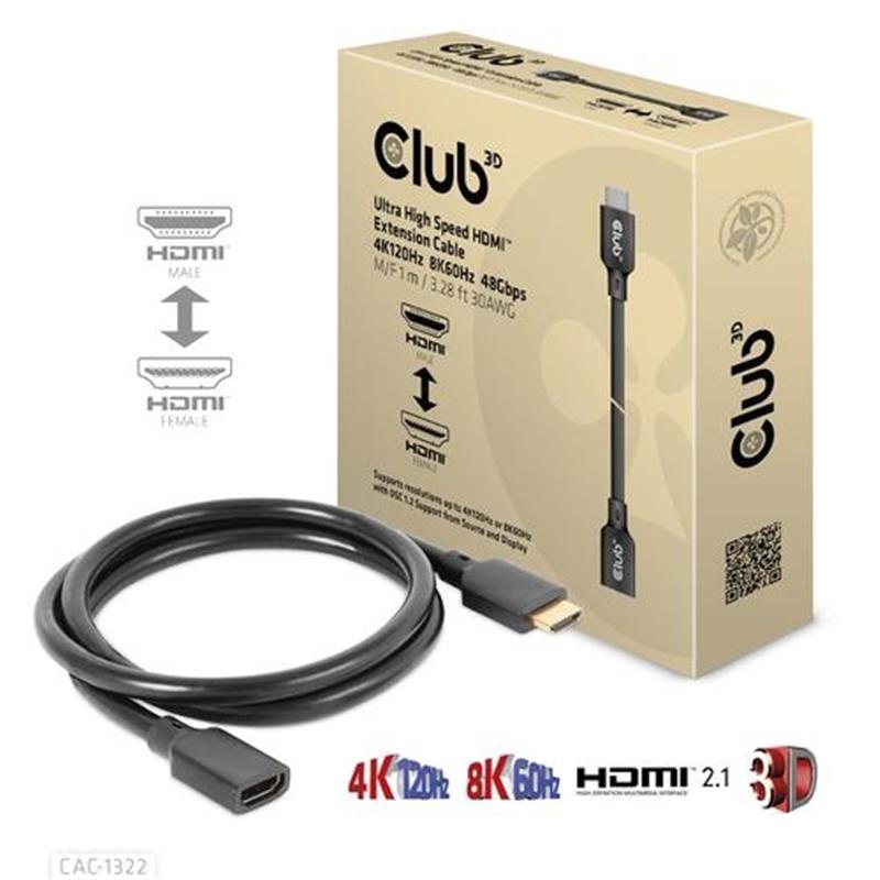 CLUB3D Ultra High Speed HDMI Extension Cable 4K120Hz 8K60Hz 48Gbps M F 1 m 3 28 ft 30AWG
