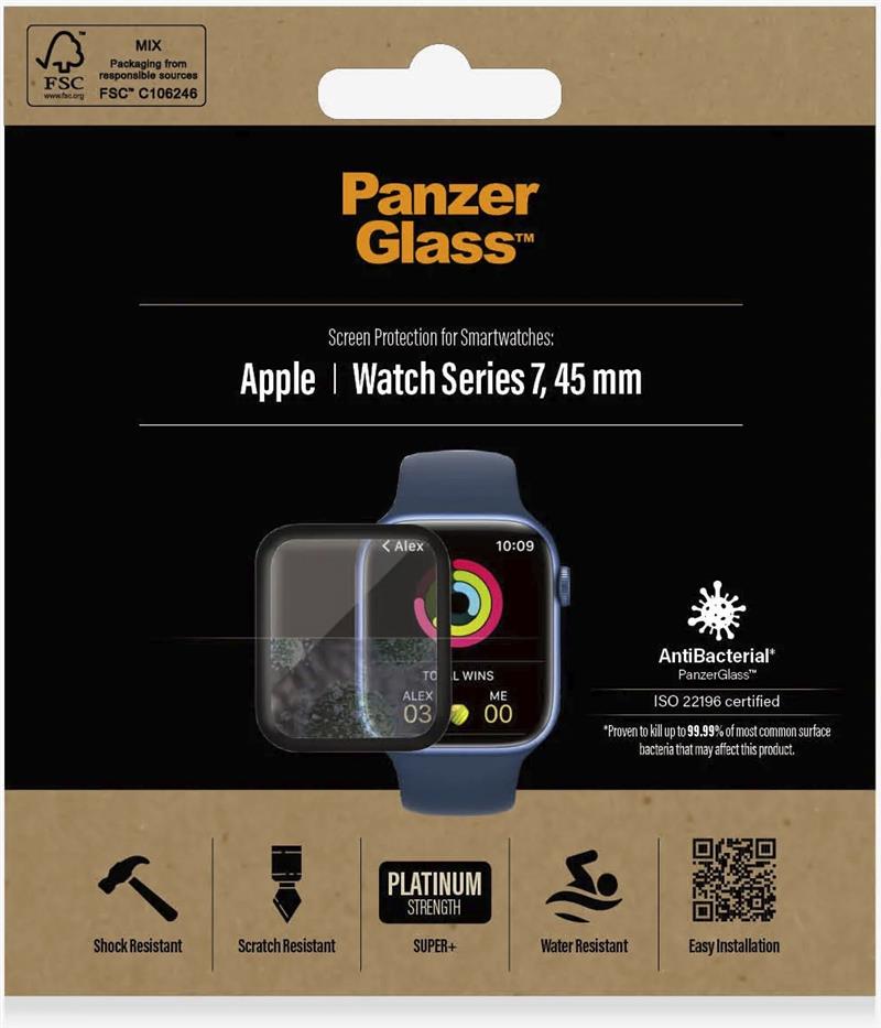 PanzerGlass PzGlss Apple Watch Series 7 44 mm Schermbeschermer Transparant Gehard glas, Thermoplastic polyurethaan (TPU)