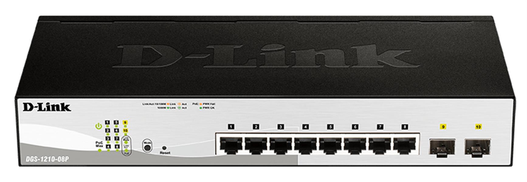 D-Link DGS-1210-08P Managed L2 Gigabit Ethernet (10/100/1000) Power over Ethernet (PoE) Zwart