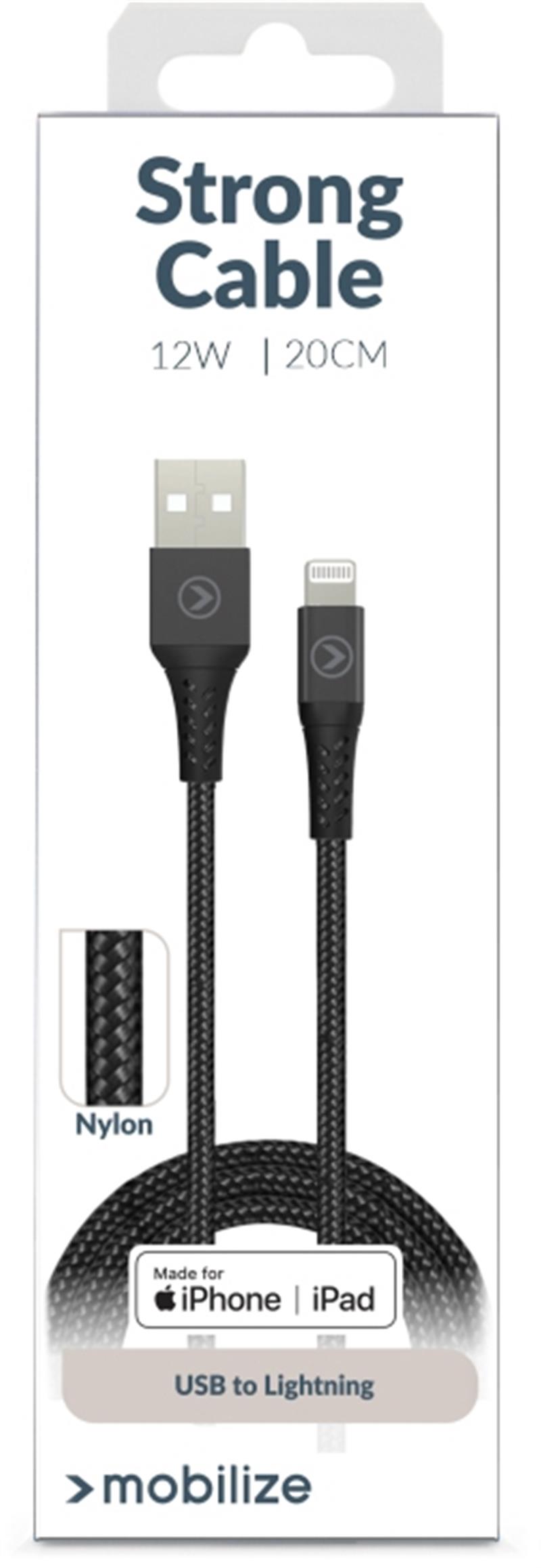 Mobilize Strong Nylon Cable USB to Apple MFi Lightning 20cm 12W Black