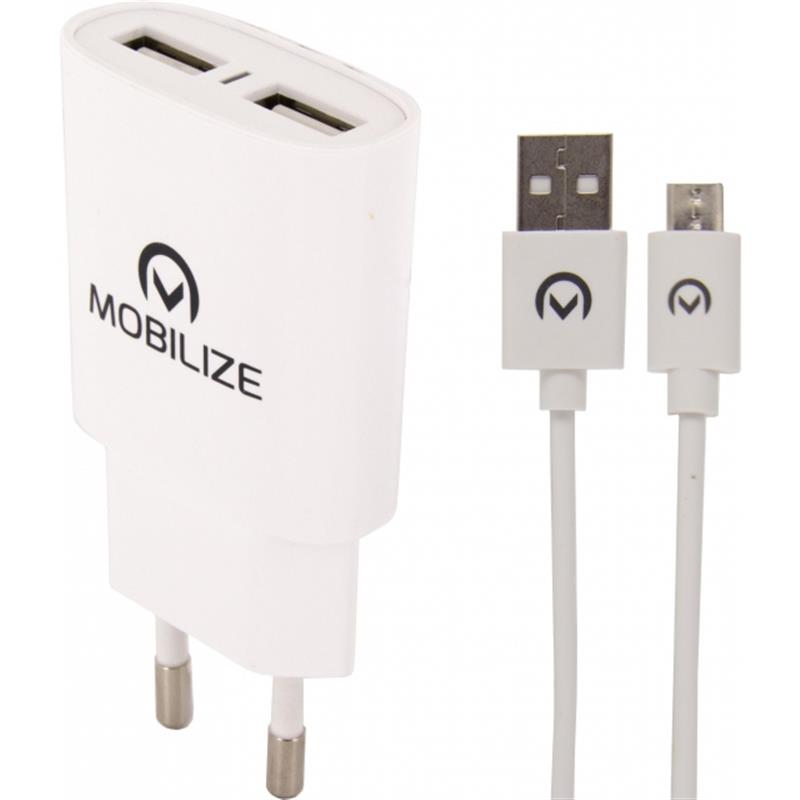 Mobilize Wall Charger 2x USB Micro USB Cable 12W 1m White