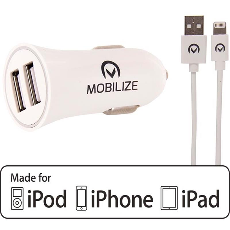 Mobilize Car Charger 2x USB 24W USB to Apple MFi Lighting Cable 1m White