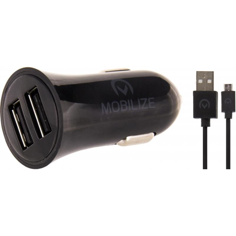Mobilize Car Charger 2x USB 24W USB to Micro USB Cable 1m Black