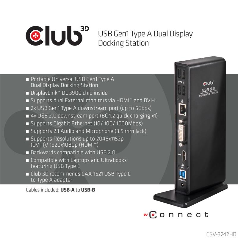 CLUB3D UNIVERSEEL USB 3.0 Type A 1x HDMI 1x DVI ,UTP aansluitingen DisplayLink™ gecertificeerd Docking Station