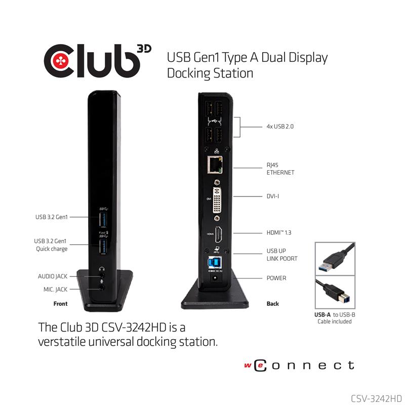 CLUB3D UNIVERSEEL USB 3.0 Type A 1x HDMI 1x DVI ,UTP aansluitingen DisplayLink™ gecertificeerd Docking Station