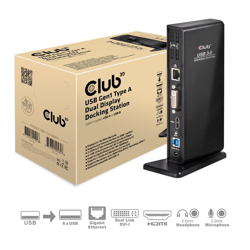 CLUB3D UNIVERSEEL USB 3.0 Type A 1x HDMI 1x DVI ,UTP aansluitingen DisplayLink™ gecertificeerd Docking Station