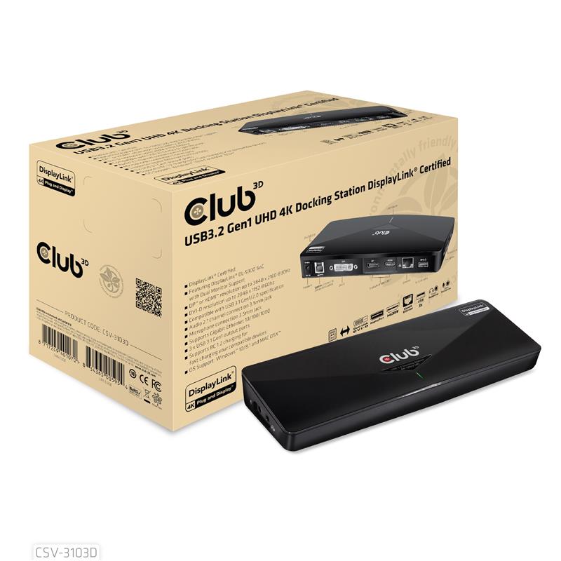 CLUB3D UNIVERSEEL USB 3.1 Gen 1 DisplayLink® gecertificeerd Docking station UHD 4K