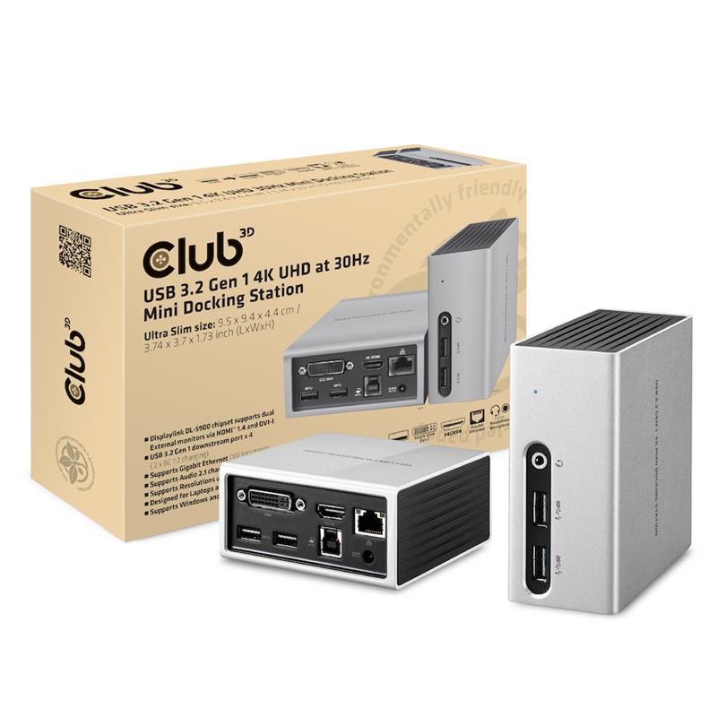 CLUB3D UNIVERSEEL Mini Displaylink gecertificeerd Docking Station USB A 3.2 Gen 1 4K30Hz 1x HDMI, 1x DVI, 4x USB Superspeed