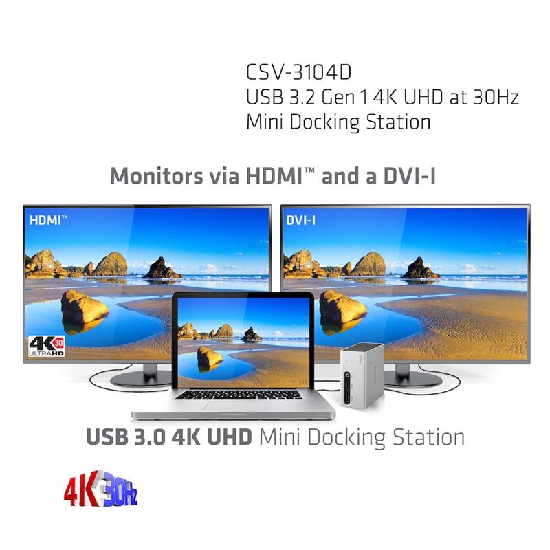 CLUB3D UNIVERSEEL Mini Displaylink gecertificeerd Docking Station USB A 3.2 Gen 1 4K30Hz 1x HDMI, 1x DVI, 4x USB Superspeed