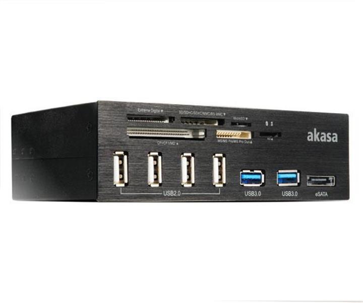 Akasa InterConnect Pro 5 25 inch USB frontpanel USB 3 0 cardreader eSATA 4-port USB 2 0 HUB 2x USB 3 0 ports
