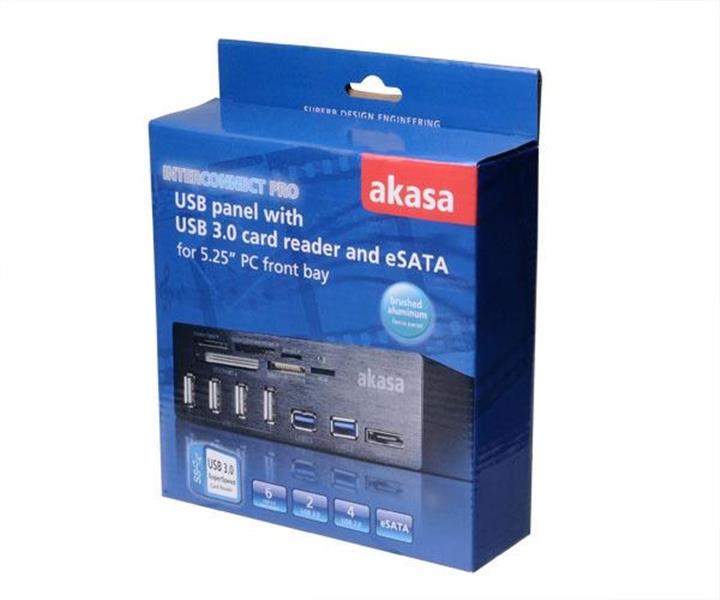 Akasa InterConnect Pro 5 25 inch USB frontpanel USB 3 0 cardreader eSATA 4-port USB 2 0 HUB 2x USB 3 0 ports