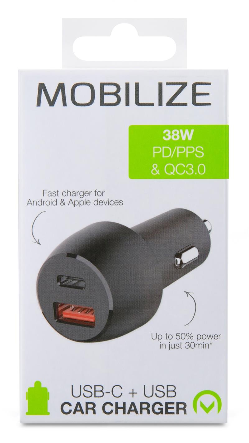 Mobilize Car Charger USB USB-C 38W with PD PPS and QC Black