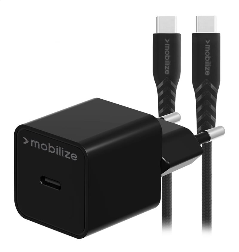 Mobilize Wall Charger USB-C GaN 30W with PD PPS USB-C Nylon Cable 1 2m Black