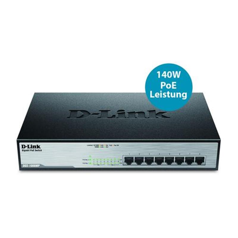 D-Link DGS-1008MP netwerk-switch Unmanaged Gigabit Ethernet (10/100/1000) Zwart 1U Power over Ethernet (PoE)