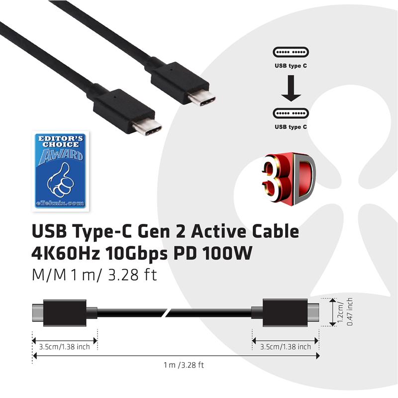 CLUB3D USB Type-C Gen 2 actieve kabel - 4K60Hz, 10Gbps(data) Opladen op 100W M/V 1 m ook geschikt voor Apple Macs