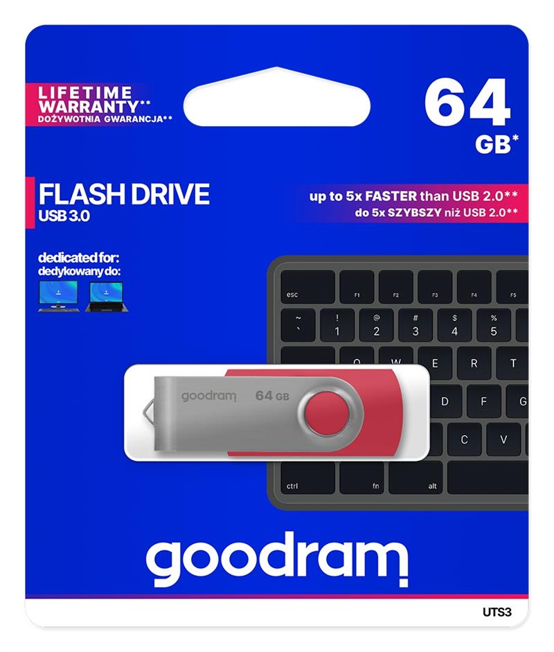 Goodram UTS3 USB flash drive 64 GB USB Type-A 3.2 Gen 1 (3.1 Gen 1) Rood, Zilver