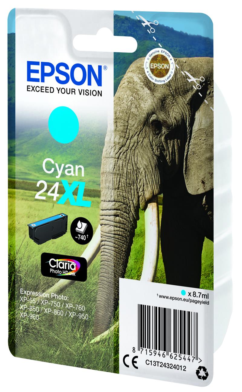 Epson Elephant Singlepack Cyan 24XL Claria Photo HD Ink