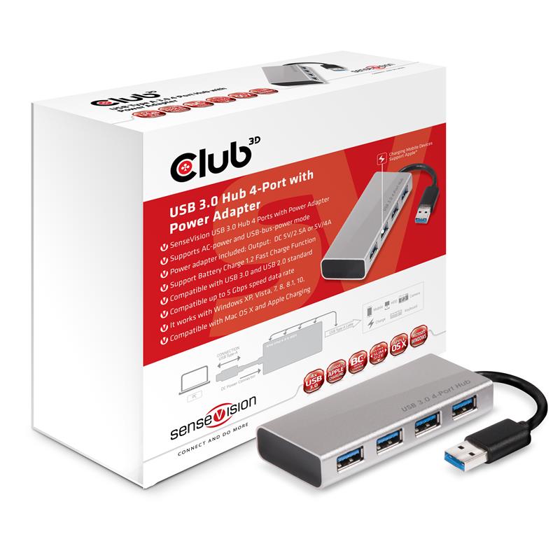 CLUB3D USB 3.0 Hub 4-Port met Power Adapter