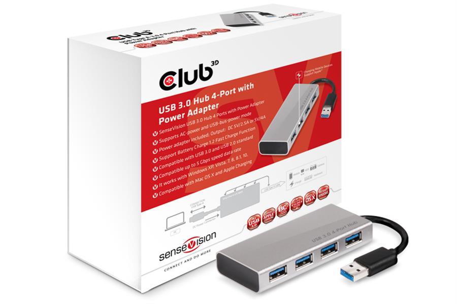 CLUB3D USB 3.0 Hub 4-Port with Power Adapter