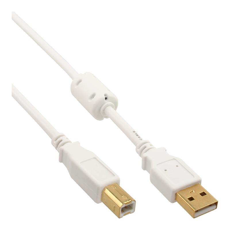 InLine USB 2 0 kabel A naar B wit goud met ferrietkern 10m