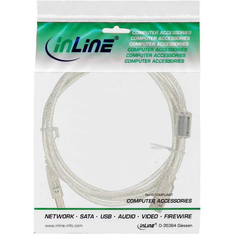 InLine USB 2 0 kabel transparant AM BM met ferrietkern 0 3m