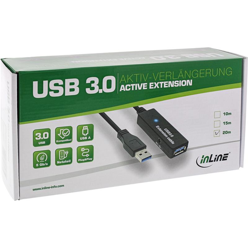 InLine USB 3 0 Aktiv-Verlengkabel Male A an Female A zwart 15m