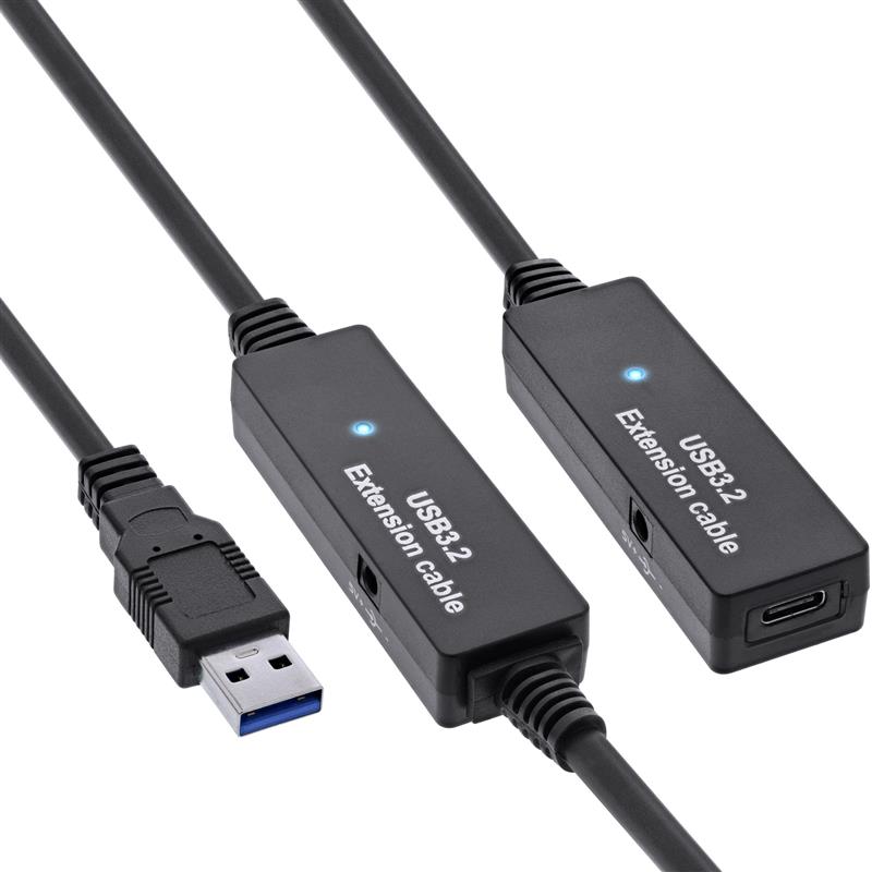 InLine USB 3 2 Gen 1 active extension USB-A male to USB-C female 15m